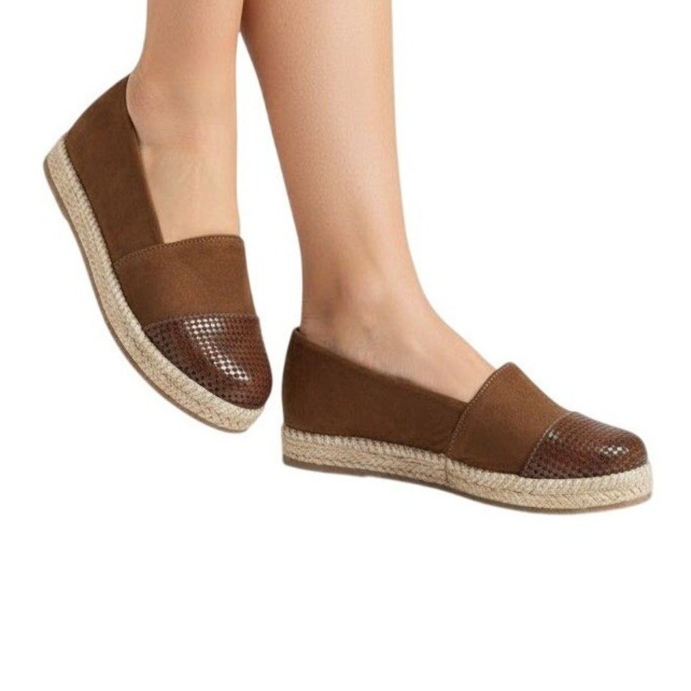 Womens Brown 8 Faux Suede Snake Embossed Cap Toe Espadrille Flats Slip‎ New Lq